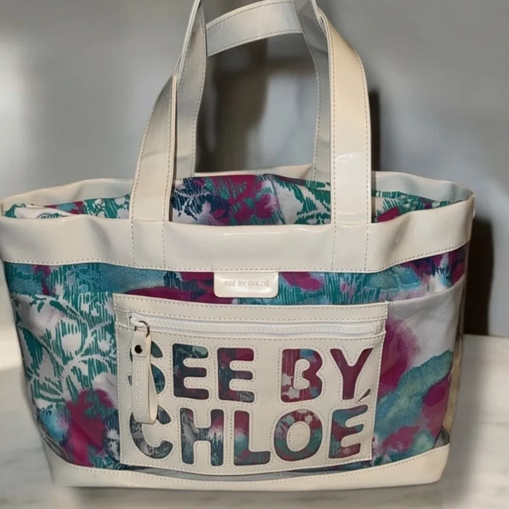 See By Chloe Multicolor Tote Bag PVC LEATHER FABRIC Floral Spring Summer Travel - Picture 3 of 12